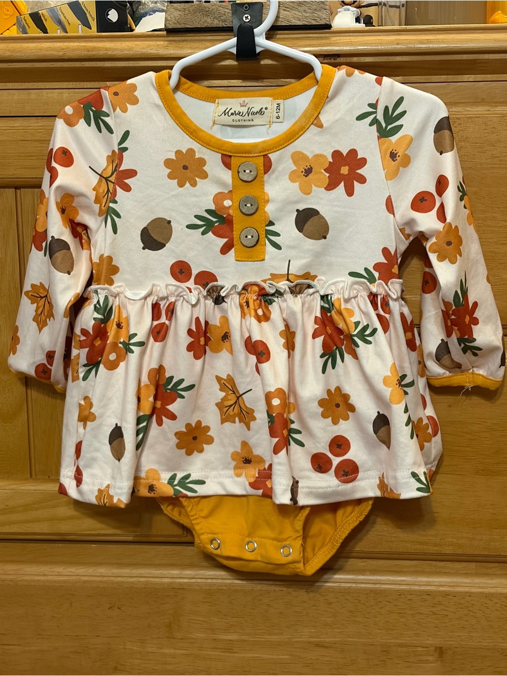 Marie Nicole Yellow Daisy & Acorn Ruffle Bubble Romper Size 6-12 Months EUC